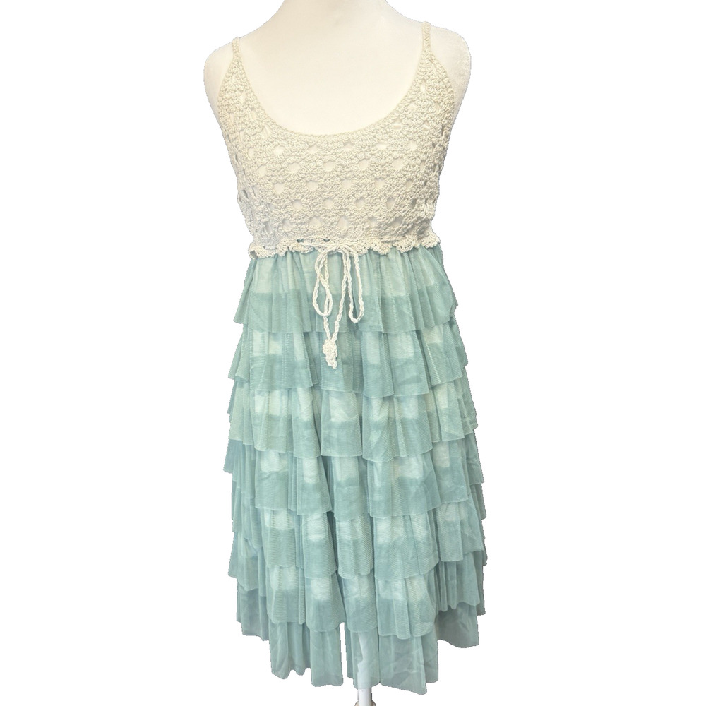 J Gee Crochet‎ Babydoll Ruffle Mini Dress Size L Fairy Cottage Romantic Ruffles